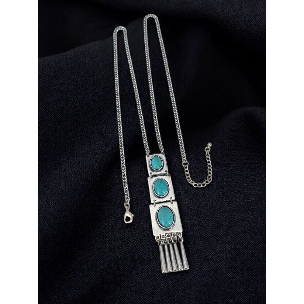 New Long Silver Tone Necklace Turquoise Colored Stones Fringe - 10R